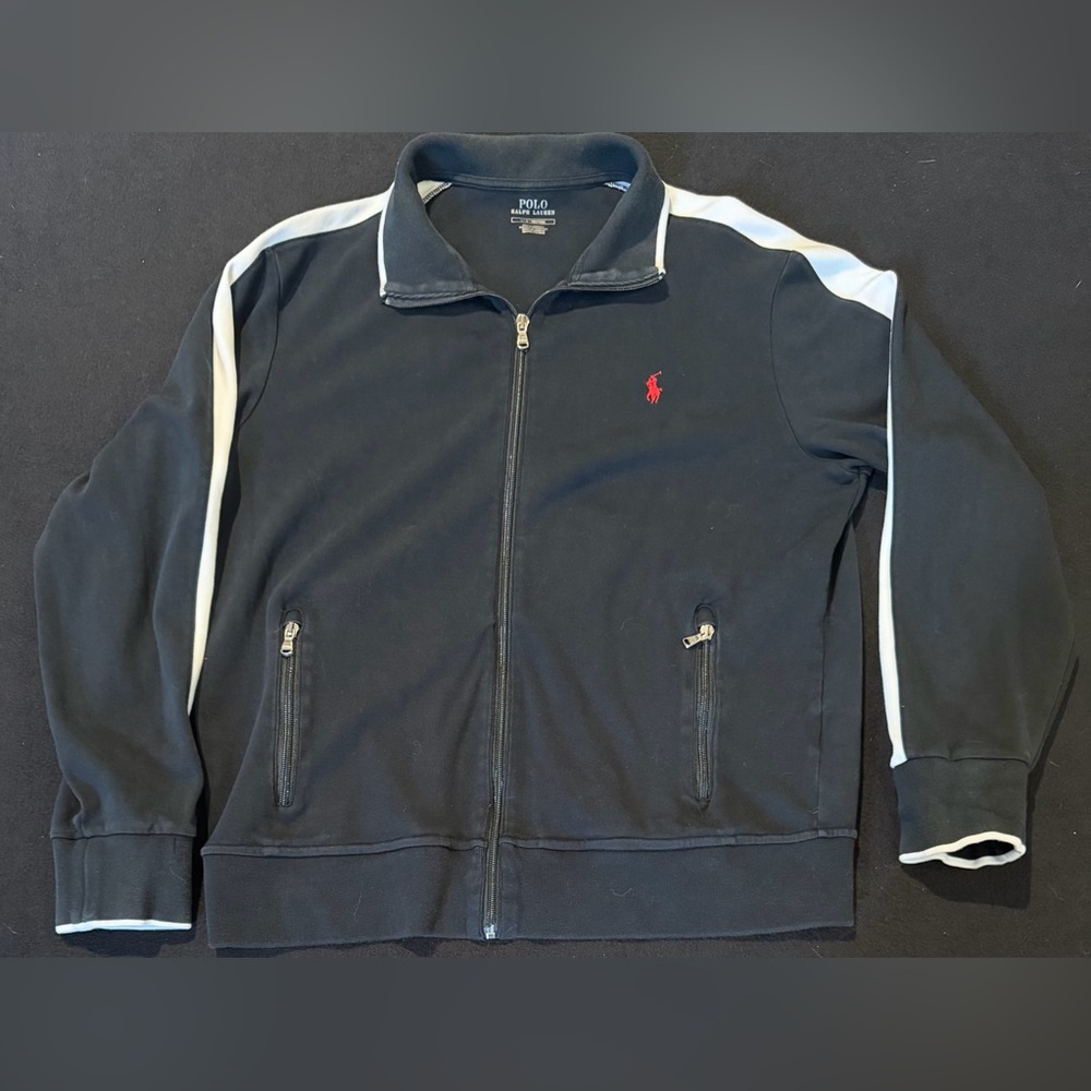 Polo Ralph‎ Lauren Track Jacket Black/ White Stripe Red Horse Cotton Mens Large